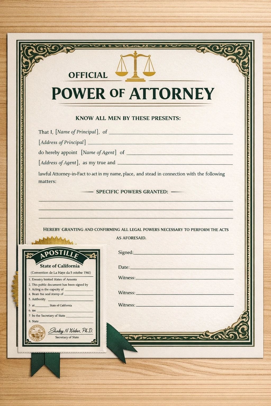Official Power of Attorney document with apostille seal